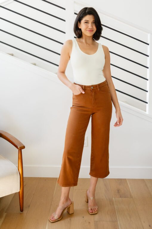 Briar High Rise Control Top Wide Leg Crop Jeans in Camel - Fashion Are Us