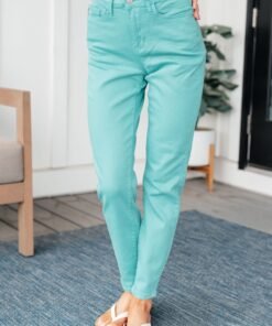 Bridgette High Rise Garment Dyed Slim Jeans in Aquamarine - Fashion Are Us