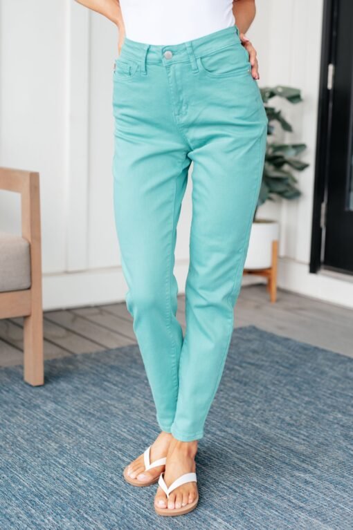 Bridgette High Rise Garment Dyed Slim Jeans in Aquamarine - Fashion Are Us