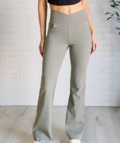 Building Habits Twill Flared Crossover Waist Pant in Dusty Olive Ave Shops