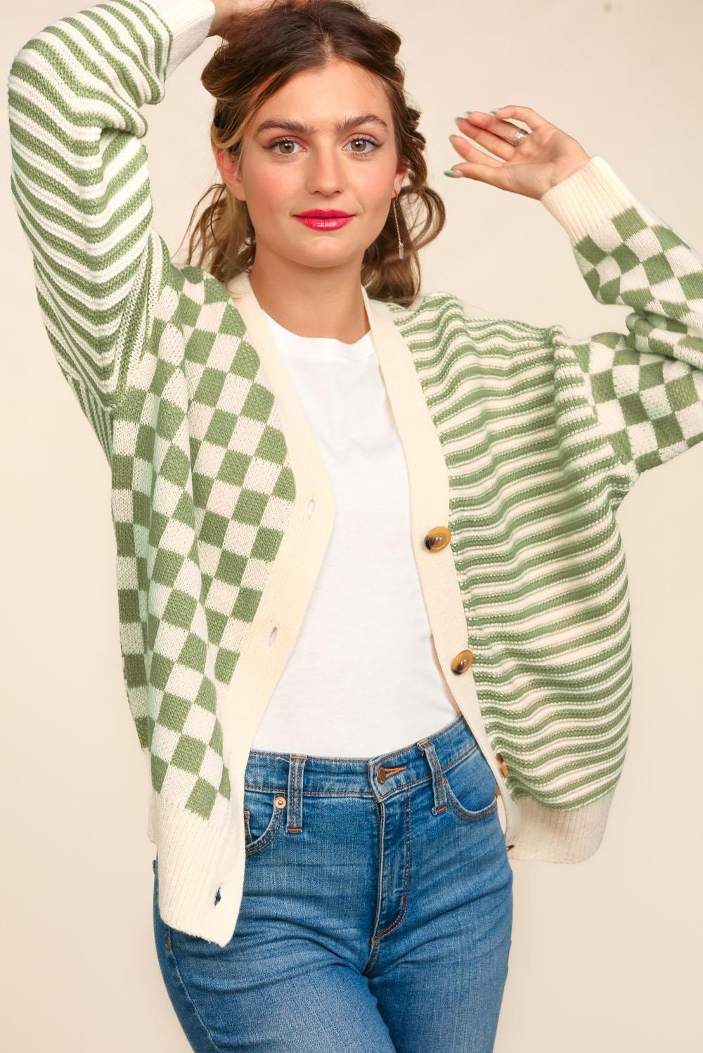 Button Down Checker Stripe Sweater Cardigan Ave Shops